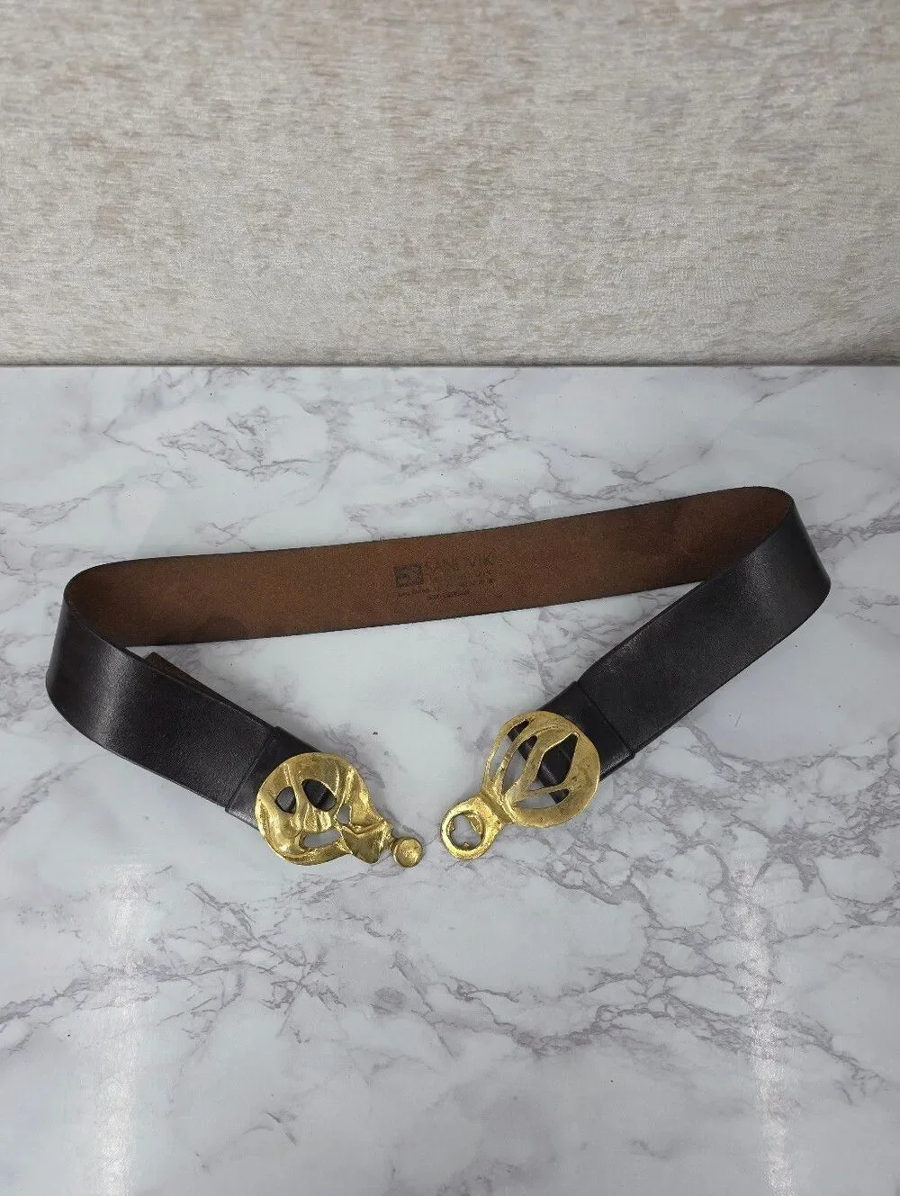 Vintage Deep Brown Leather Belt Gold Tone Brass Mod Brutalist Sculpted Buckles